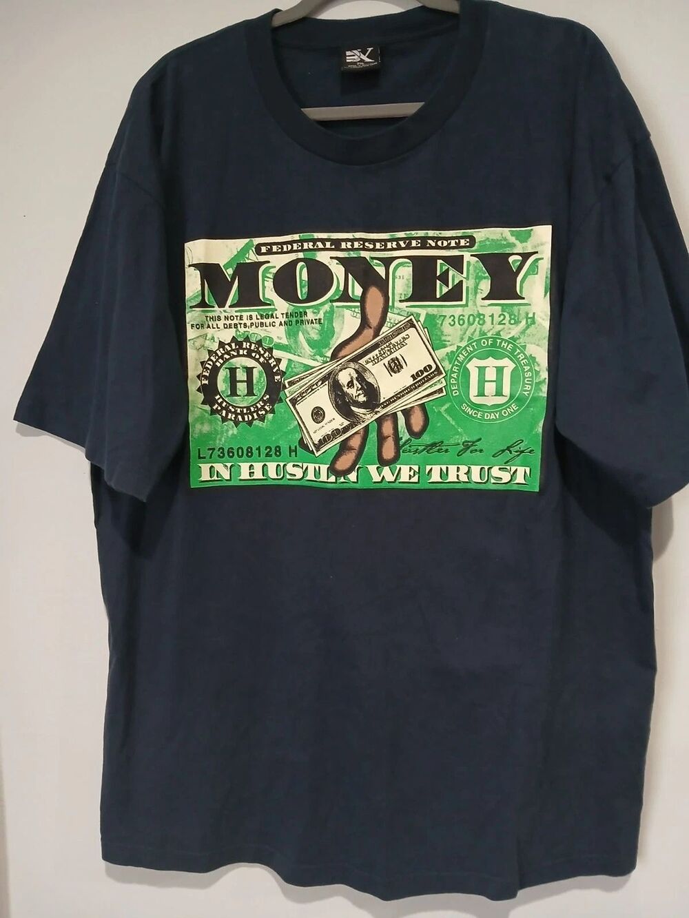 In Hustle We Trust. Graphic T-Shirt. Blue/Green. Men Size 2X Large.
